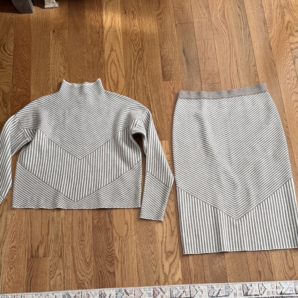 Tahari Cream and Grayish Brown Striped Skirt Set